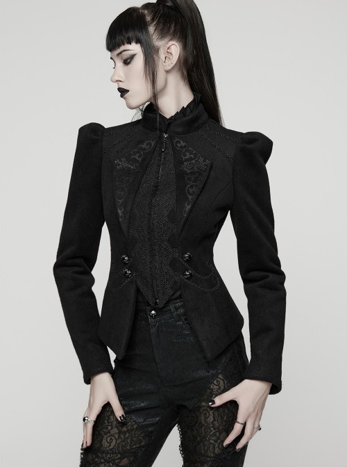 Black Embroidered Woolen Elegant Small Turn-Down Collar Long Sleeves Gothic Style Short Coat
