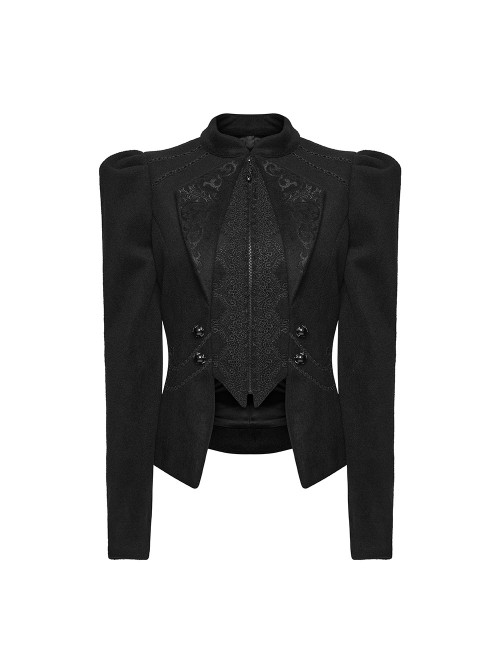 Black Embroidered Woolen Elegant Small Turn-Down Collar Long Sleeves Gothic Style Short Coat