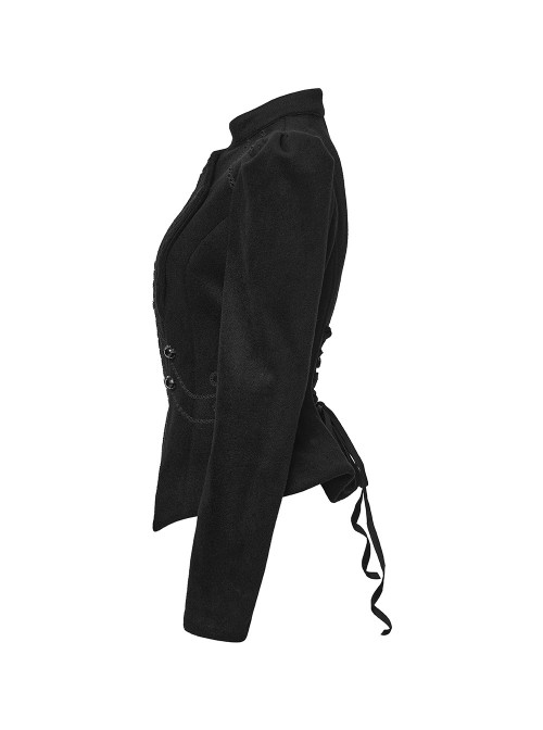 Black Embroidered Woolen Elegant Small Turn-Down Collar Long Sleeves Gothic Style Short Coat