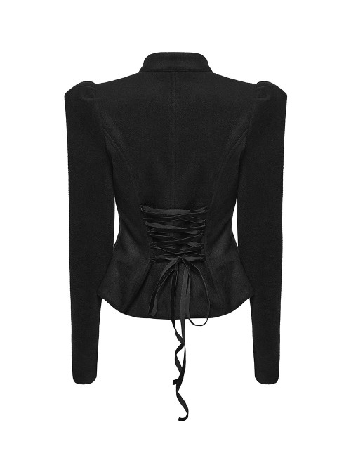 Black Embroidered Woolen Elegant Small Turn-Down Collar Long Sleeves Gothic Style Short Coat