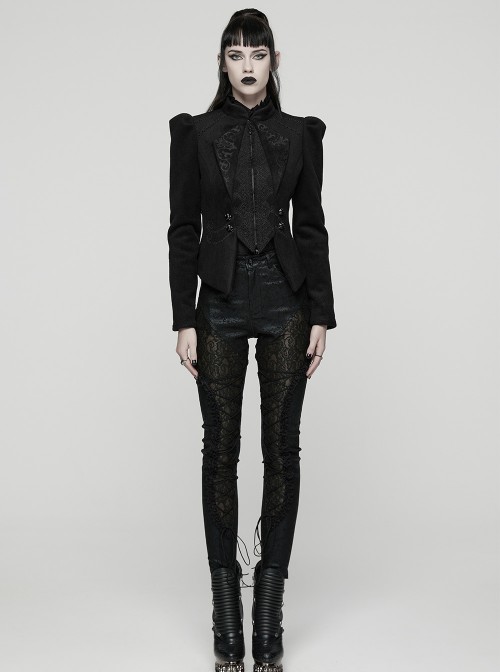 Black Embroidered Woolen Elegant Small Turn-Down Collar Long Sleeves Gothic Style Short Coat