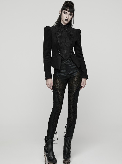 Black Embroidered Woolen Elegant Small Turn-Down Collar Long Sleeves Gothic Style Short Coat