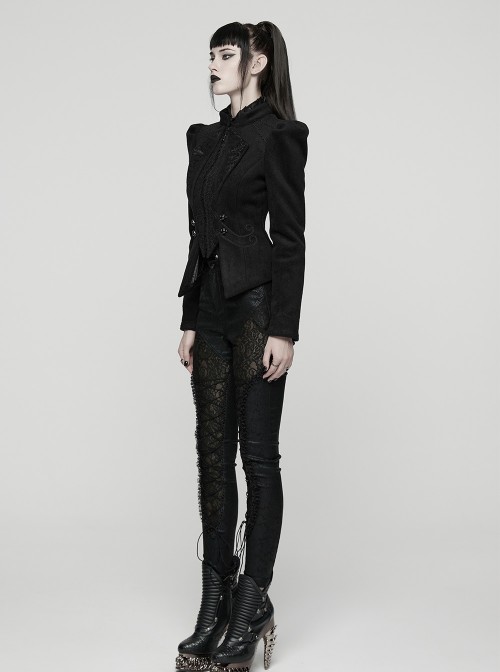 Black Embroidered Woolen Elegant Small Turn-Down Collar Long Sleeves Gothic Style Short Coat