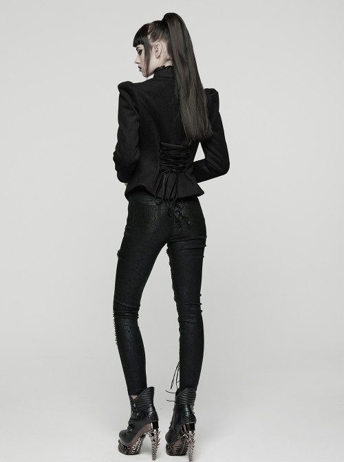 Black Embroidered Woolen Elegant Small Turn-Down Collar Long Sleeves Gothic Style Short Coat