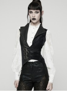 Black Splicing Woven Fabric Lapel Metal Eyelets Decoration Waist Gorgeous Buckles Irregular Hem Punk Style Vest