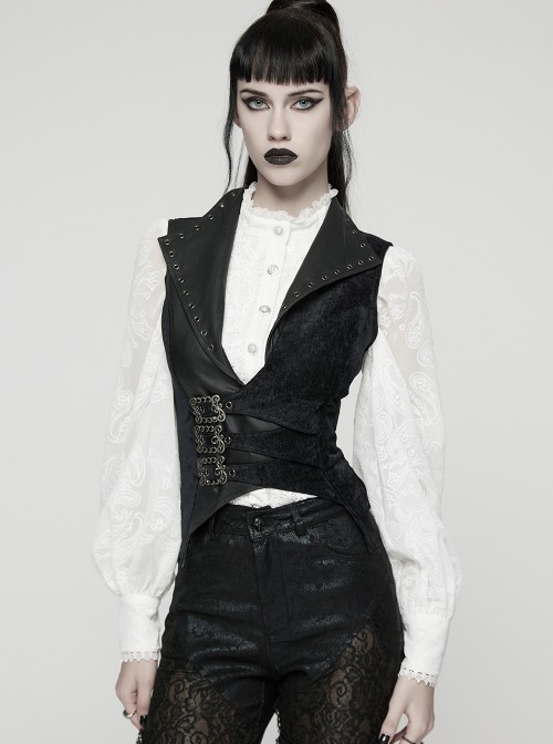 Black Splicing Woven Fabric Lapel Metal Eyelets Decoration Waist Gorgeous Buckles Irregular Hem Punk Style Vest