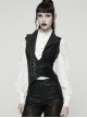 Black Splicing Woven Fabric Lapel Metal Eyelets Decoration Waist Gorgeous Buckles Irregular Hem Punk Style Vest