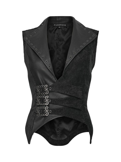 Black Splicing Woven Fabric Lapel Metal Eyelets Decoration Waist Gorgeous Buckles Irregular Hem Punk Style Vest