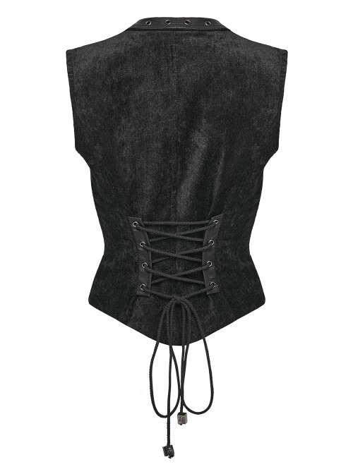 Black Splicing Woven Fabric Lapel Metal Eyelets Decoration Waist Gorgeous Buckles Irregular Hem Punk Style Vest