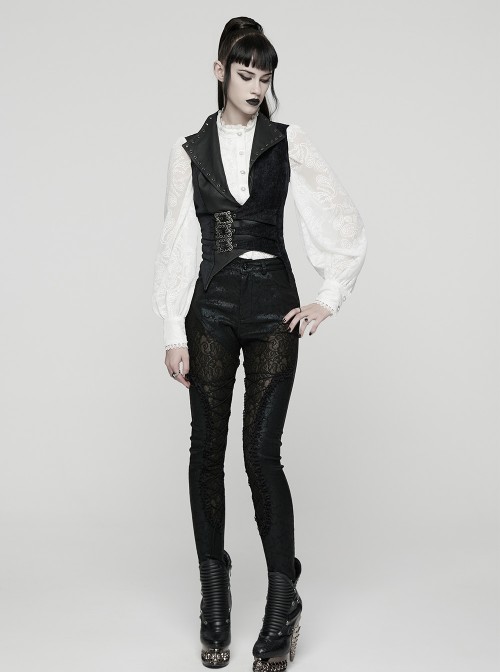 Black Splicing Woven Fabric Lapel Metal Eyelets Decoration Waist Gorgeous Buckles Irregular Hem Punk Style Vest