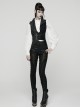 Black Splicing Woven Fabric Lapel Metal Eyelets Decoration Waist Gorgeous Buckles Irregular Hem Punk Style Vest