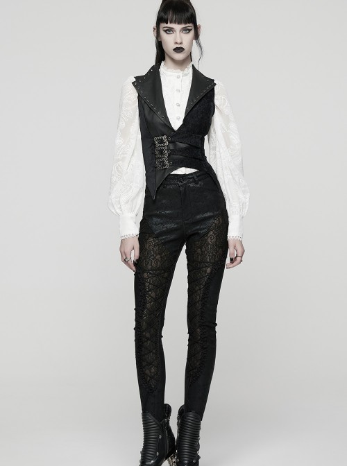 Black Splicing Woven Fabric Lapel Metal Eyelets Decoration Waist Gorgeous Buckles Irregular Hem Punk Style Vest