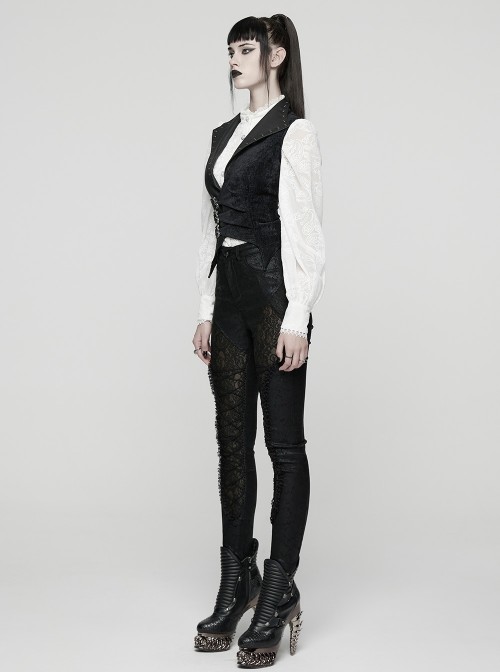 Black Splicing Woven Fabric Lapel Metal Eyelets Decoration Waist Gorgeous Buckles Irregular Hem Punk Style Vest