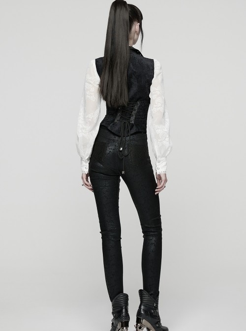 Black Splicing Woven Fabric Lapel Metal Eyelets Decoration Waist Gorgeous Buckles Irregular Hem Punk Style Vest
