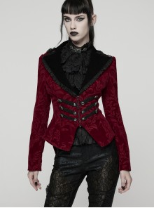 Red Velveteen Vintage Print Black Lapel Elegant Cinched-Waist Gothic Style Long Sleeves Coat