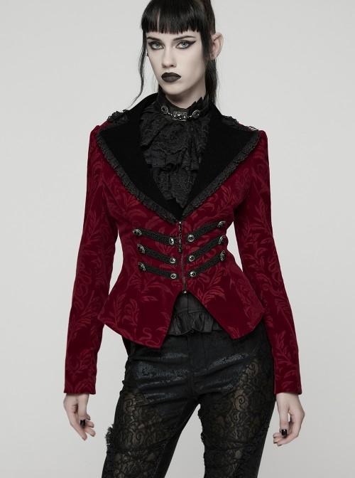 Red Velveteen Vintage Print Black Lapel Elegant Cinched-Waist Gothic Style Long Sleeves Coat