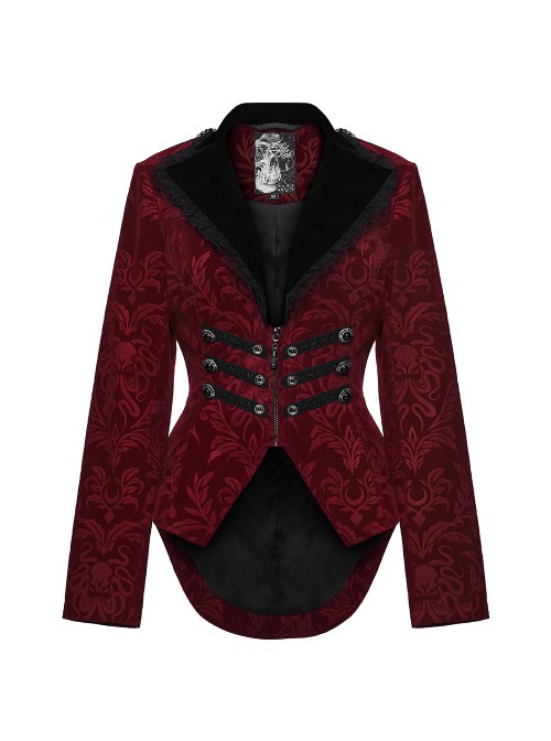 Red Velveteen Vintage Print Black Lapel Elegant Cinched-Waist Gothic Style Long Sleeves Coat