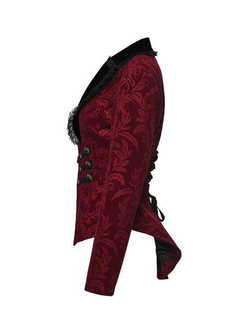 Red Velveteen Vintage Print Black Lapel Elegant Cinched-Waist Gothic Style Long Sleeves Coat