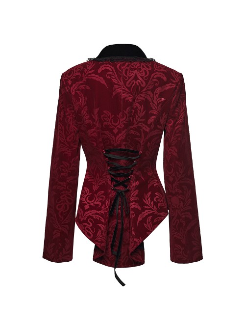 Red Velveteen Vintage Print Black Lapel Elegant Cinched-Waist Gothic Style Long Sleeves Coat