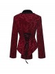 Red Velveteen Vintage Print Black Lapel Elegant Cinched-Waist Gothic Style Long Sleeves Coat