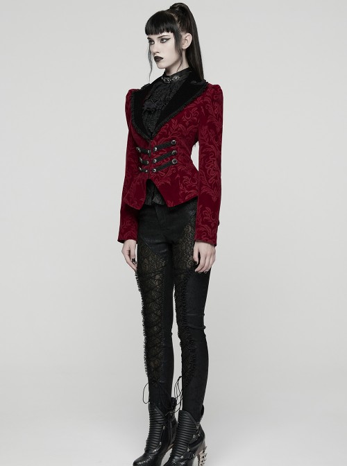 Red Velveteen Vintage Print Black Lapel Elegant Cinched-Waist Gothic Style Long Sleeves Coat