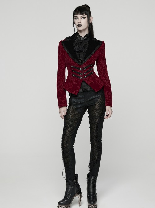 Red Velveteen Vintage Print Black Lapel Elegant Cinched-Waist Gothic Style Long Sleeves Coat