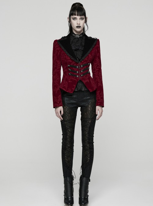 Red Velveteen Vintage Print Black Lapel Elegant Cinched-Waist Gothic Style Long Sleeves Coat