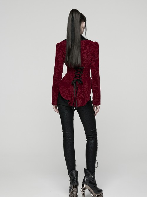 Red Velveteen Vintage Print Black Lapel Elegant Cinched-Waist Gothic Style Long Sleeves Coat