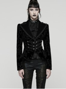 Black Velveteen Vintage Print Lace Edges Lapel Elegant Cinched-Waist Gothic Style Long Sleeves Coat