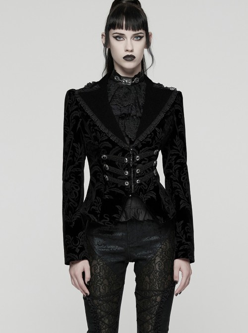 Black Velveteen Vintage Print Lace Edges Lapel Elegant Cinched-Waist Gothic Style Long Sleeves Coat