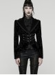 Black Velveteen Vintage Print Lace Edges Lapel Elegant Cinched-Waist Gothic Style Long Sleeves Coat