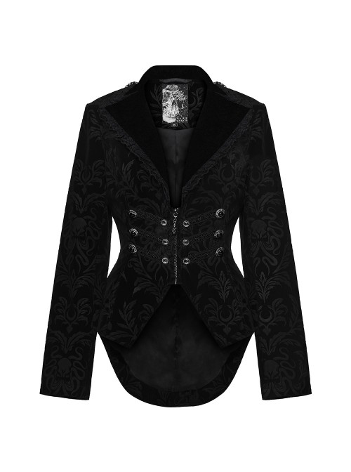 Black Velveteen Vintage Print Lace Edges Lapel Elegant Cinched-Waist Gothic Style Long Sleeves Coat