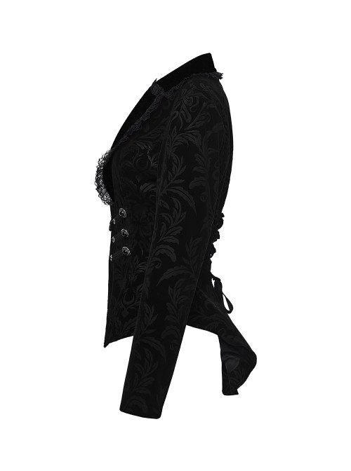 Black Velveteen Vintage Print Lace Edges Lapel Elegant Cinched-Waist Gothic Style Long Sleeves Coat