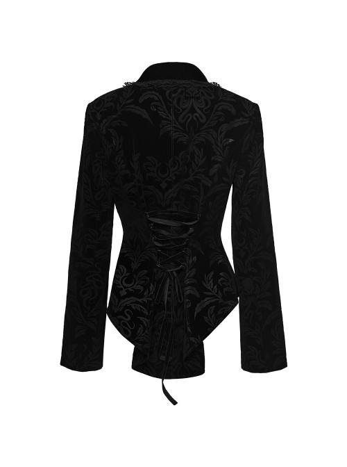 Black Velveteen Vintage Print Lace Edges Lapel Elegant Cinched-Waist Gothic Style Long Sleeves Coat