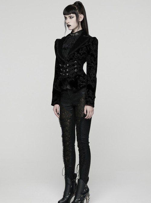 Black Velveteen Vintage Print Lace Edges Lapel Elegant Cinched-Waist Gothic Style Long Sleeves Coat
