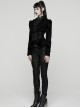 Black Velveteen Vintage Print Lace Edges Lapel Elegant Cinched-Waist Gothic Style Long Sleeves Coat