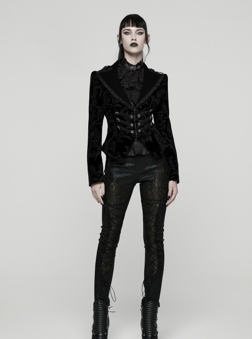 Black Velveteen Vintage Print Lace Edges Lapel Elegant Cinched-Waist Gothic Style Long Sleeves Coat