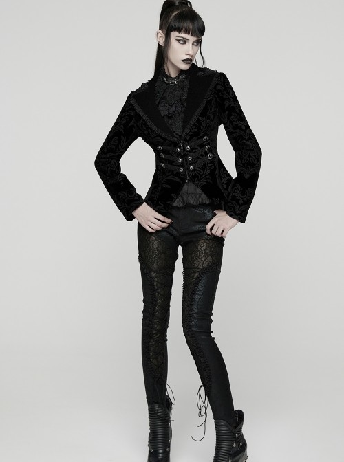Black Velveteen Vintage Print Lace Edges Lapel Elegant Cinched-Waist Gothic Style Long Sleeves Coat