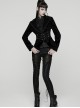 Black Velveteen Vintage Print Lace Edges Lapel Elegant Cinched-Waist Gothic Style Long Sleeves Coat
