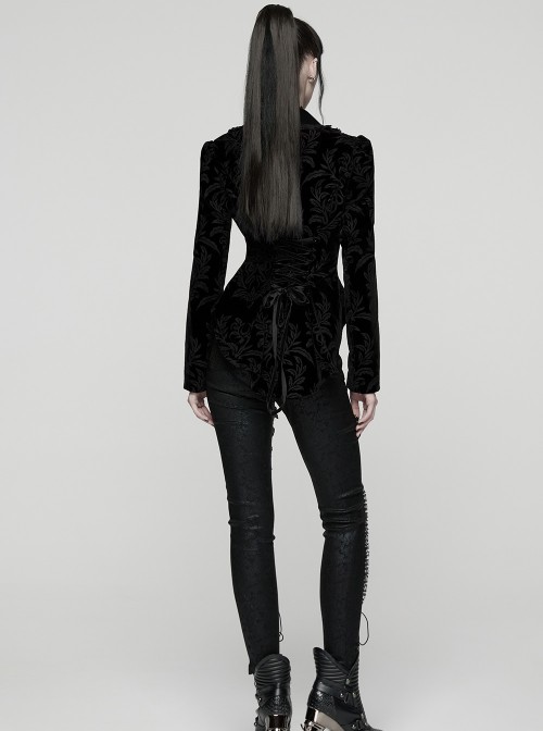 Black Velveteen Vintage Print Lace Edges Lapel Elegant Cinched-Waist Gothic Style Long Sleeves Coat