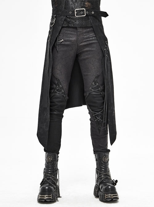 Fog Flower Print Pattern Waistband Asymmetrical Hem Side Lace-Up Black Punk Kilt