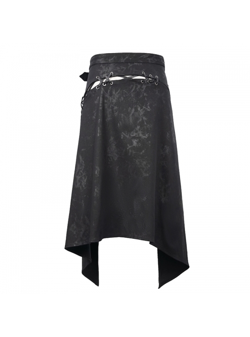 Fog Flower Print Pattern Waistband Asymmetrical Hem Side Lace-Up Black Punk Kilt