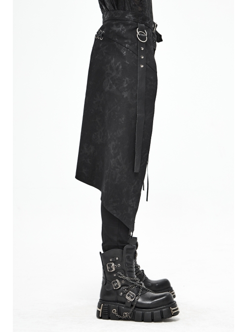 Fog Flower Print Pattern Waistband Asymmetrical Hem Side Lace-Up Black Punk Kilt