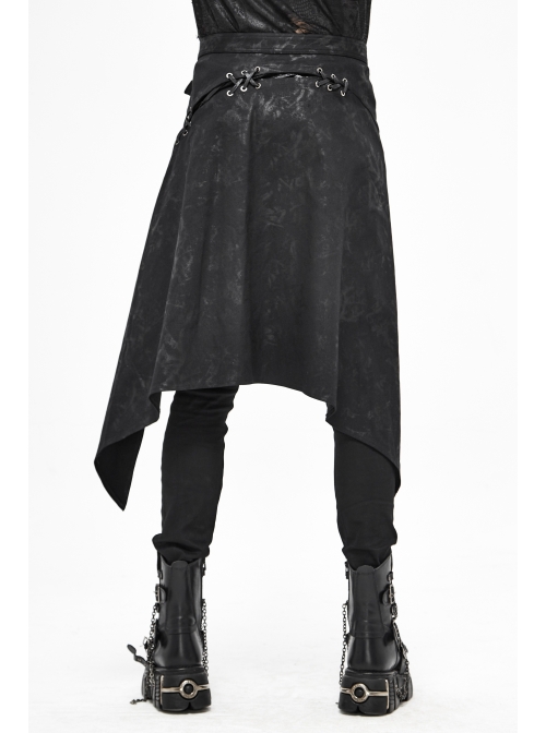 Fog Flower Print Pattern Waistband Asymmetrical Hem Side Lace-Up Black Punk Kilt