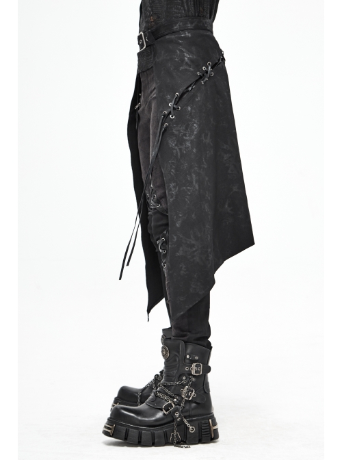 Fog Flower Print Pattern Waistband Asymmetrical Hem Side Lace-Up Black Punk Kilt