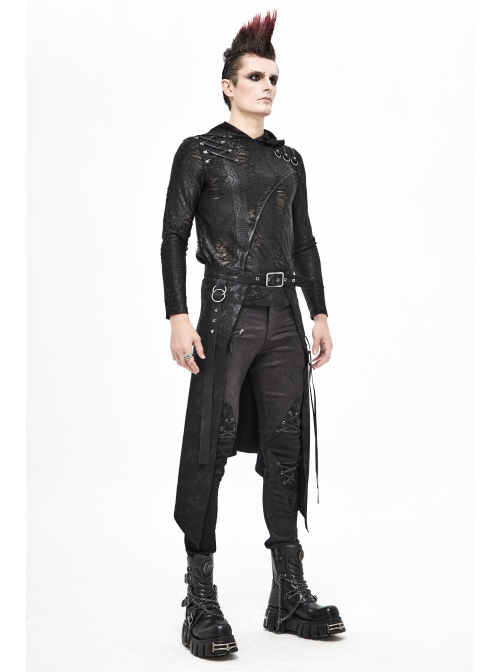 Fog Flower Print Pattern Waistband Asymmetrical Hem Side Lace-Up Black Punk Kilt