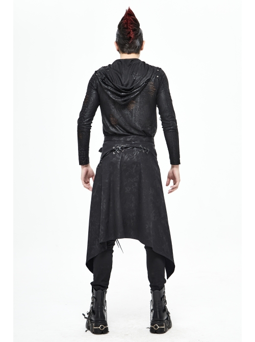 Fog Flower Print Pattern Waistband Asymmetrical Hem Side Lace-Up Black Punk Kilt