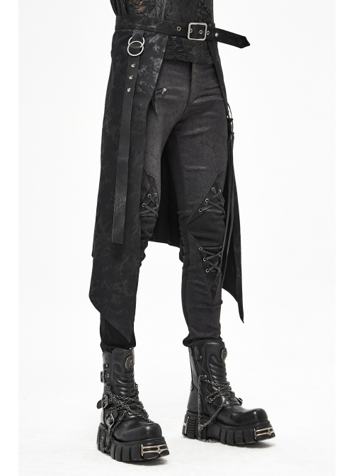 Fog Flower Print Pattern Waistband Asymmetrical Hem Side Lace-Up Black Punk Kilt