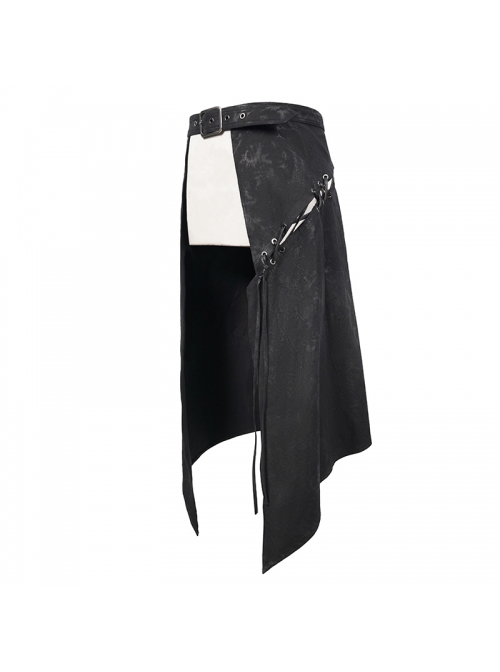 Fog Flower Print Pattern Waistband Asymmetrical Hem Side Lace-Up Black Punk Kilt