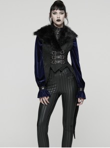 Black Plush Lapel Exquisite Jacquard Gorgeous Metal Buckles Tuxedo-Style Gothic Style Vest